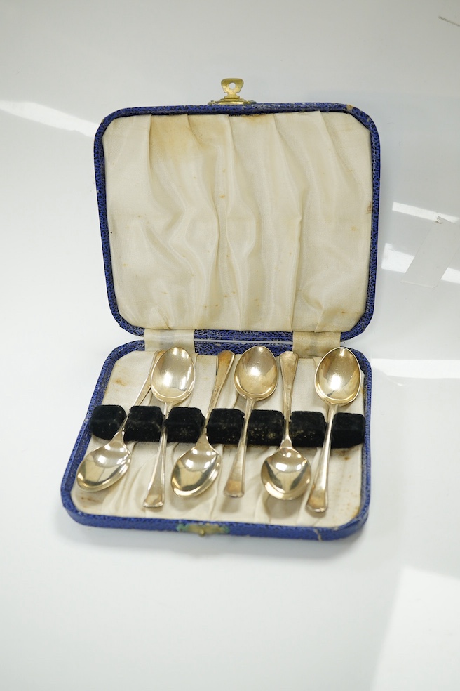 A group of assorted small silverwares including a Victorian toilet jar, a set of six teaspoons and a cased fork and spoon christening set, 8.5 oz of weighable silver, and a cased knife, spoon and fork christening set wit